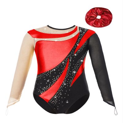 easyforever Kids Girls Gymnastics Leotard Shiny Rhinestone Mesh Long Sleeve Ballet Dance Bodysuit with Hair Band Set Red 6 Years