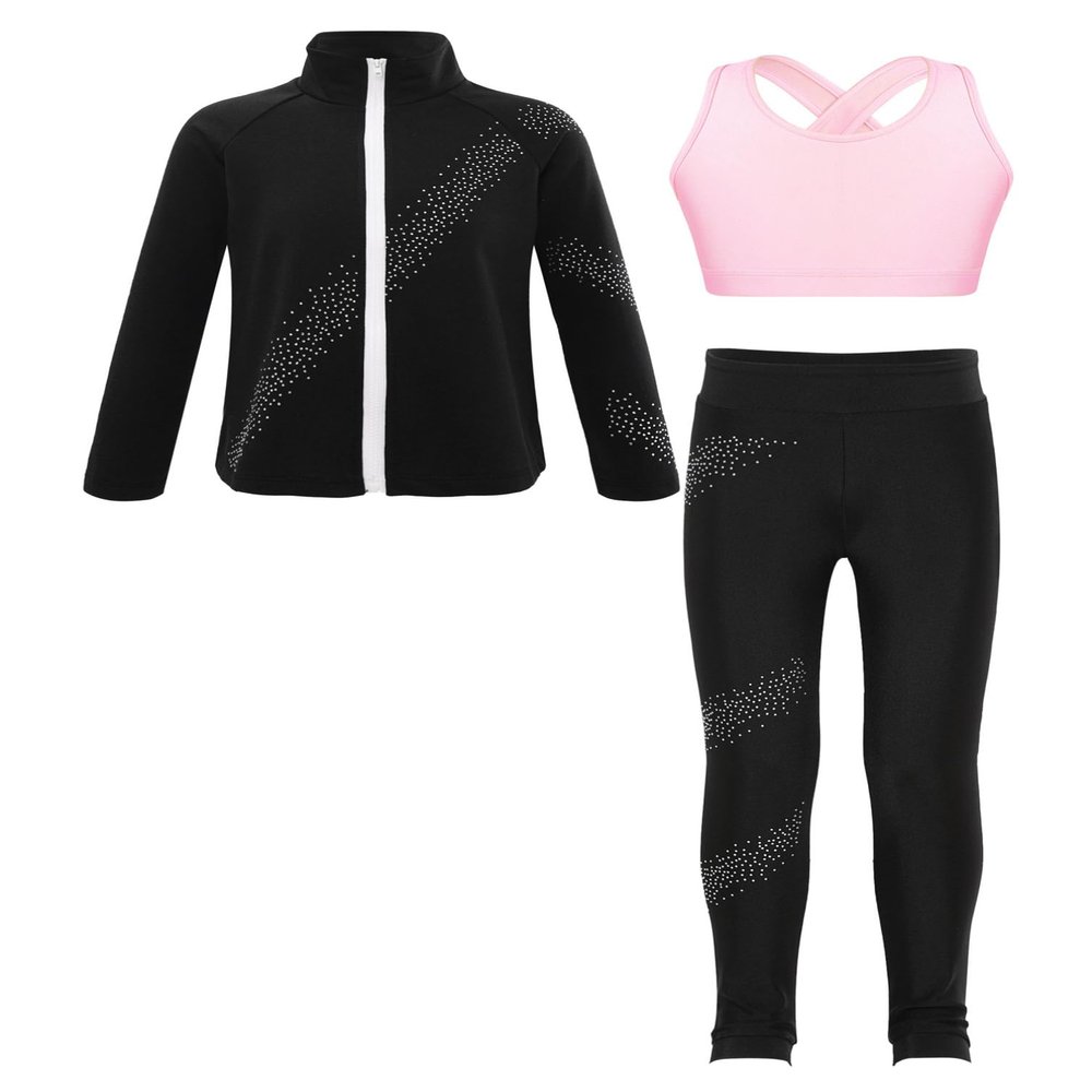 Jhaoyu Kids Girls Skating Training Costume Sparkle Figure Skating Jacket Crop Tops with Leggings Sports Activewear Pink 14 Years