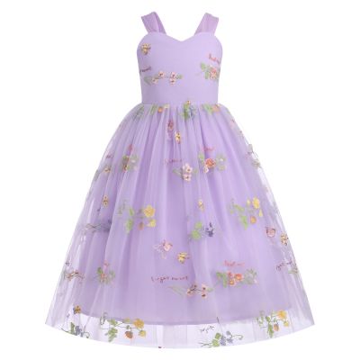 Flower Girl Embroidery Dress Sleeveless Spaghetti Straps Floral Embroidered Tulle Dress Girls Birthday Pageant Party Wedding Bridesmaid Princess Formal Gown Lilac 3-4 Years