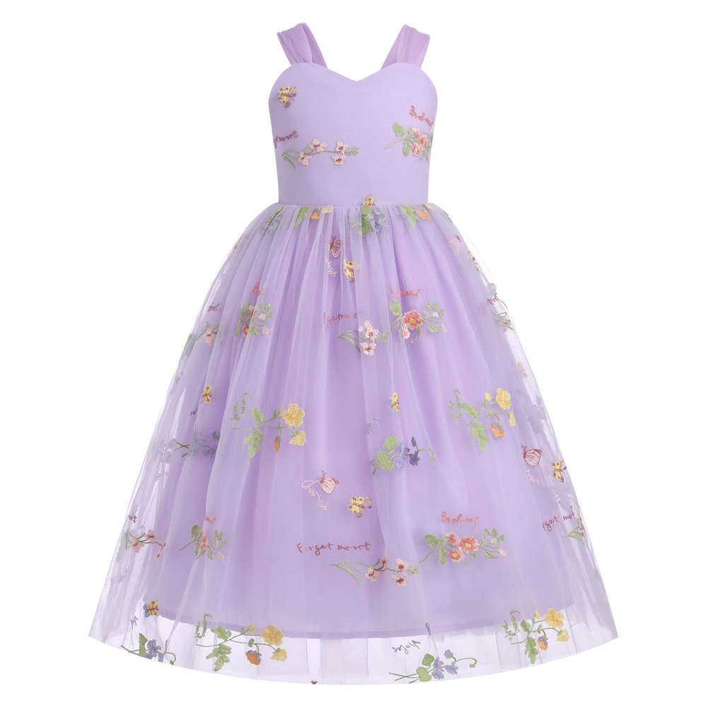 Flower Girl Embroidery Dress Sleeveless Spaghetti Straps Floral Embroidered Tulle Dress Girls Birthday Pageant Party Wedding Bridesmaid Princess Formal Gown Lilac 3-4 Years
