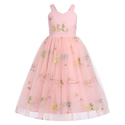 Flower Girl Embroidery Dress Sleeveless Spaghetti Straps Floral Embroidered Tulle Dress Girls Birthday Pageant Party Wedding Bridesmaid Princess Formal Gown Pink 3-4 Years