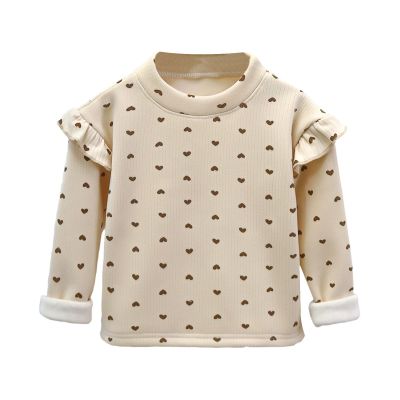EnJoCho Girls Cute Blouse Baby Girls Polka Dot Flower Pattern Plus Fleece Thickened Top Party Wear Outside 1 To 9 Years Beige, 3-4T