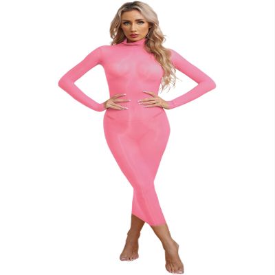 Freebily Women's Shiny Glossy Bodycon Dress Bodystocking Highly Elastic Mesh Sheer Pencil Dresses Type A Pink One Size