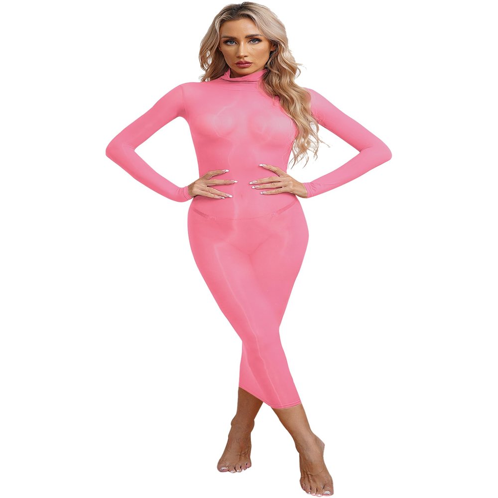 Freebily Women's Shiny Glossy Bodycon Dress Bodystocking Highly Elastic Mesh Sheer Pencil Dresses Type A Pink One Size