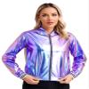 ACSUSS Women's Holographic Jacket Long Sleeve Zipper Shiny Sparkly Bomber Jackets Outerwear Blue Medium