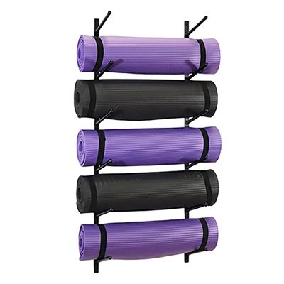 IxapA Wall Mount 6 Tier Yoga Mat Rack Holder, Heavy Duty Steel Yoga Mat Holder Organizer, Foam Rollers Yoga Strap Display Stand, Home/Gym/Workout Room (Color : White) (Black)