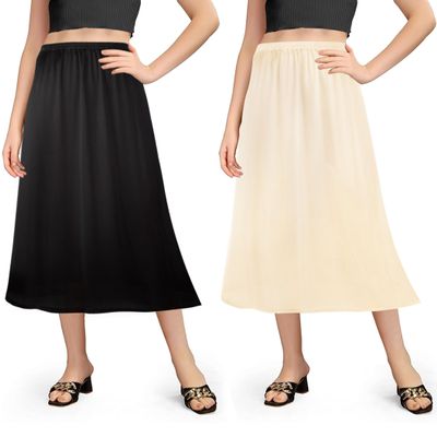 Girstunm 2 Pcs Women's Half Slips for Under Dresses Satin Skirt Extenders Anti-Static Petticoat Cosplay Underskirt 27'' Black & Champagne Medium