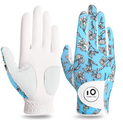 FINGER TEN Stylish Golf Gloves Women with Ball Marker 1 Pack for Left or Right Hand, Breathable Glove with Fashion Patterns for Ladies Right Left Handed Golfer (Full-Iris, X-Small, Right)
