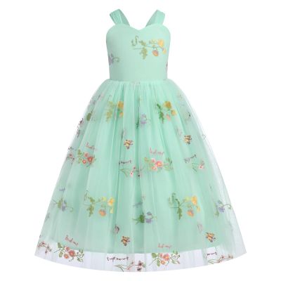 Flower Girl Embroidery Dress Sleeveless Spaghetti Straps Floral Embroidered Tulle Dress Girls Birthday Pageant Party Wedding Bridesmaid Princess Formal Gown Green 2-3 Years