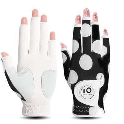 FINGER TEN Stylish Golf Gloves Women with Ball Marker 1 Pack for Left or Right Hand, Breathable Glove with Fashion Patterns for Ladies Right Left Handed Golfer (Half-Mod Dot, X-Small, Right)