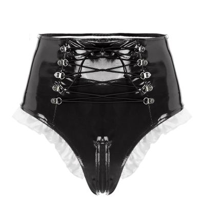 Agoky Women's Shiny Leather High Waist Zip Up Booty Shorts Metallic Hot Pants Rave Dance Clubwear Black Small