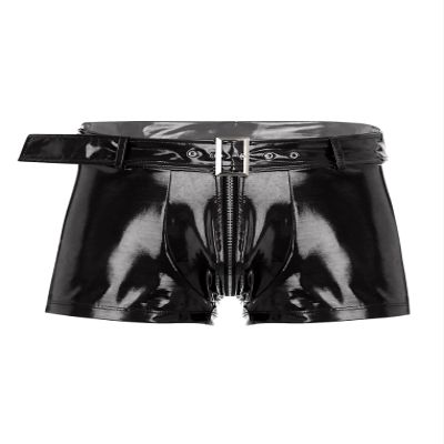 Freebily Men's Wet Look Latex PVC Leather Shorts Zipper Crotch Boxer Brief Clubwear Hot Pants Black 3X-Large