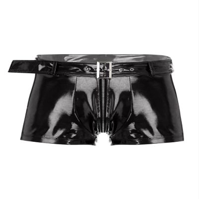 Zaldita Men's Faux Leather Shorts Glossy Boxer Briefs Zipper Pouch Hot Pants Party Dance Costume Black 3X-Large