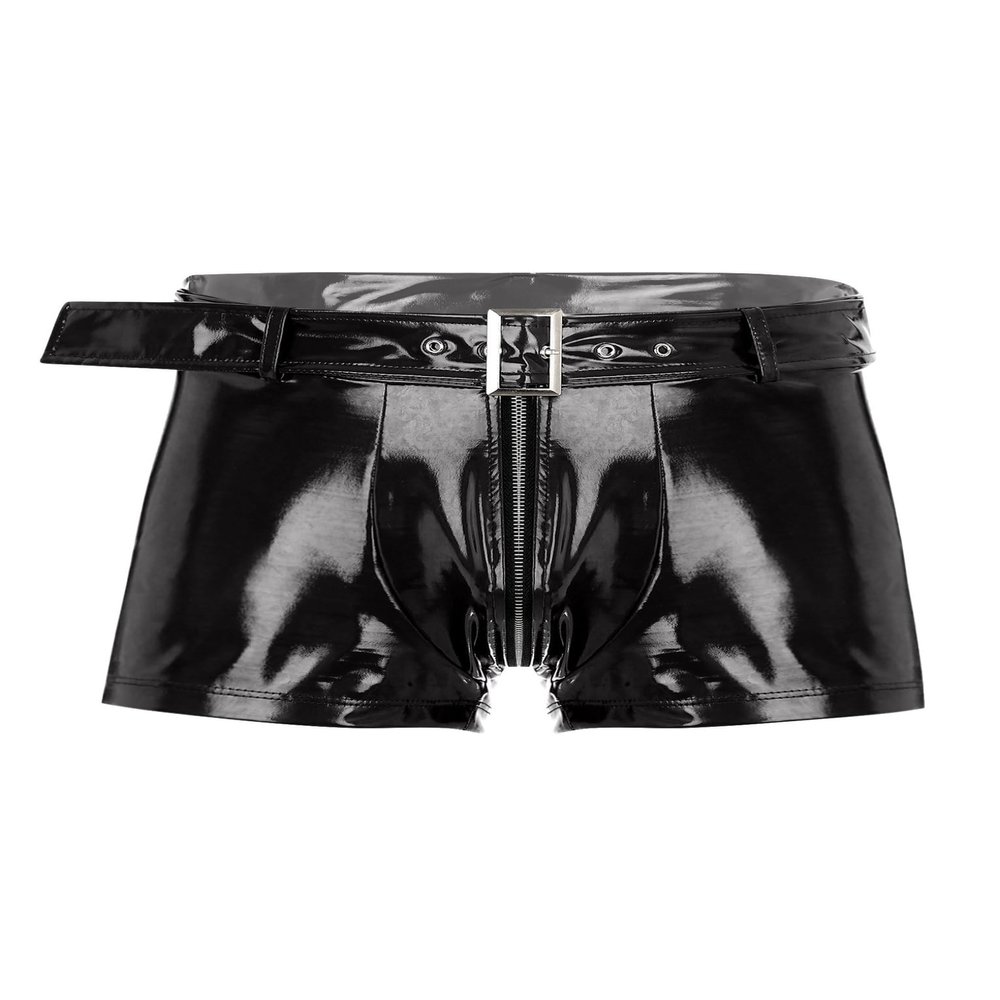 Zaldita Men's Faux Leather Shorts Glossy Boxer Briefs Zipper Pouch Hot Pants Party Dance Costume Black 3X-Large