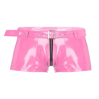 Freebily Men's Wet Look Latex PVC Leather Shorts Zipper Crotch Boxer Brief Clubwear Hot Pants Pink 3X-Large
