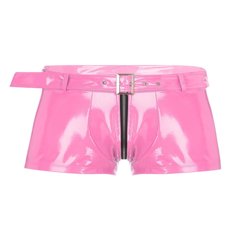 Freebily Men's Wet Look Latex PVC Leather Shorts Zipper Crotch Boxer Brief Clubwear Hot Pants Pink 3X-Large