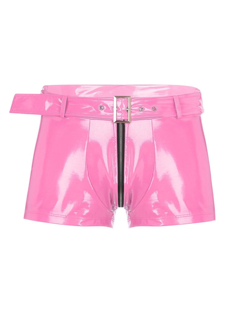 Freebily Men's Wet Look Latex PVC Leather Shorts Zipper Crotch Boxer Brief Clubwear Hot Pants Pink Large