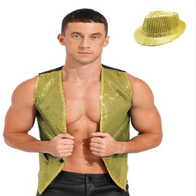 JEYPINMI Men's Sequins Waistcoat Jazz Disco Dance Costume Party Club Festival Club Vest Tops Gold XX-Large
