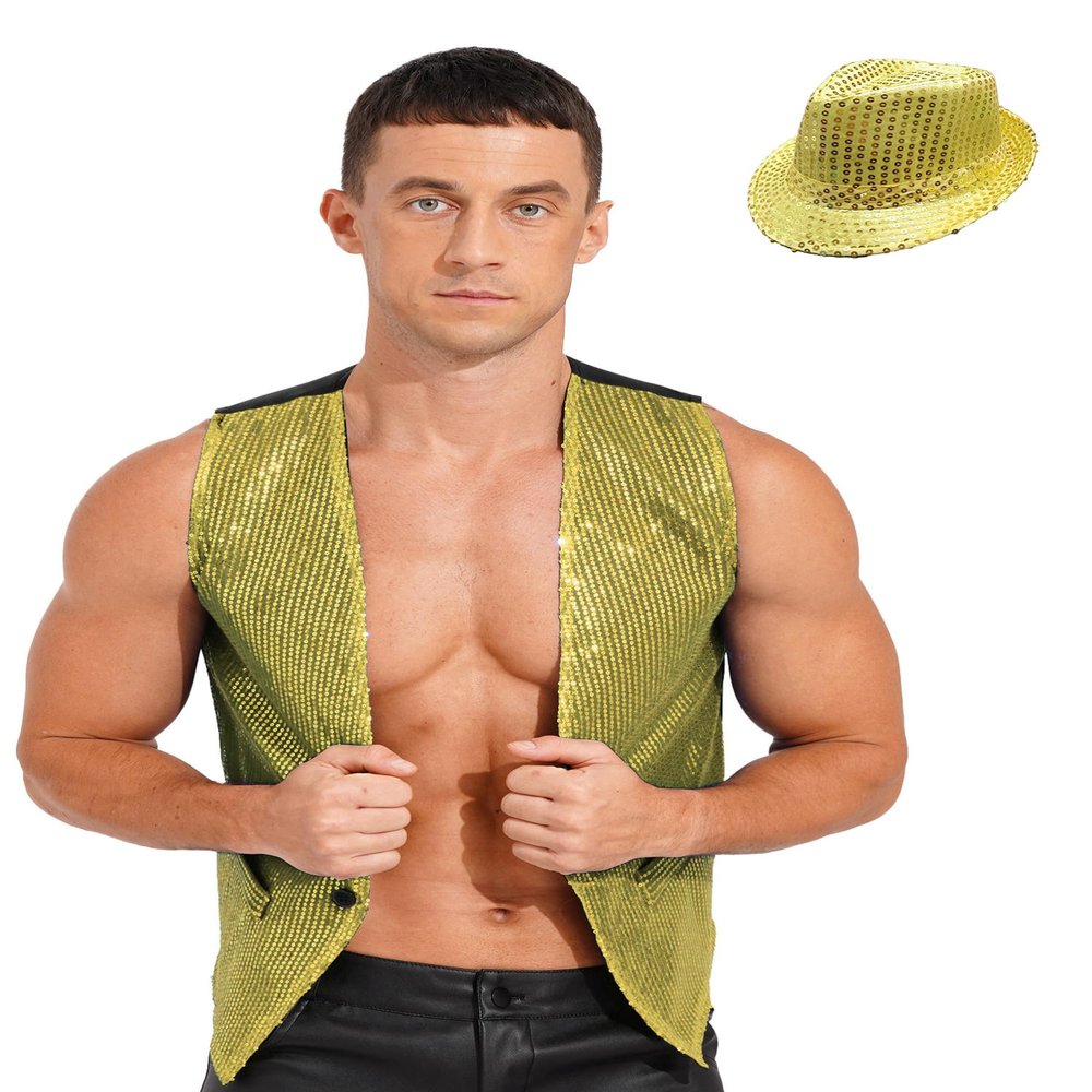 JEYPINMI Men's Sequins Waistcoat Jazz Disco Dance Costume Party Club Festival Club Vest Tops Gold XX-Large