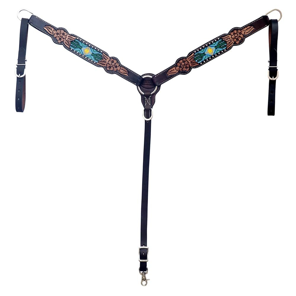 HILASON Western Leather Horse Breast Collar Floral Carve Beaded Inlay Brown
