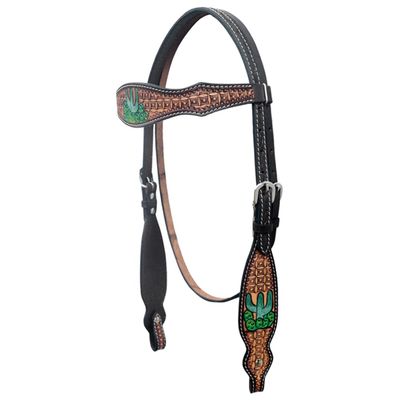 HILASON Western Leather Horse Headstall Cactus Painted Hand Tooled Tan | Tack