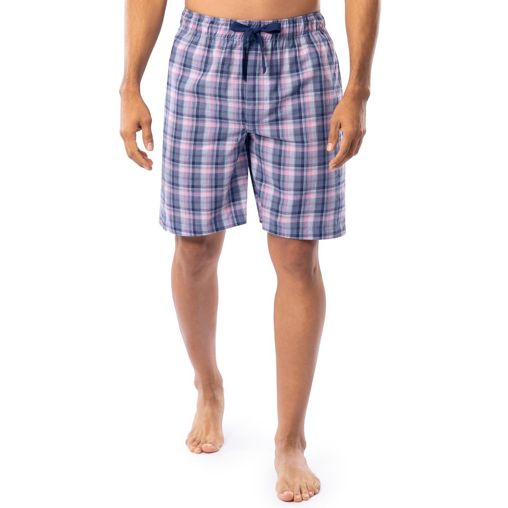 IZOD Men's Relaxed Fit Printed Poplin Drawstring Sleep Shorts, Blue/Pink Plaid, Small