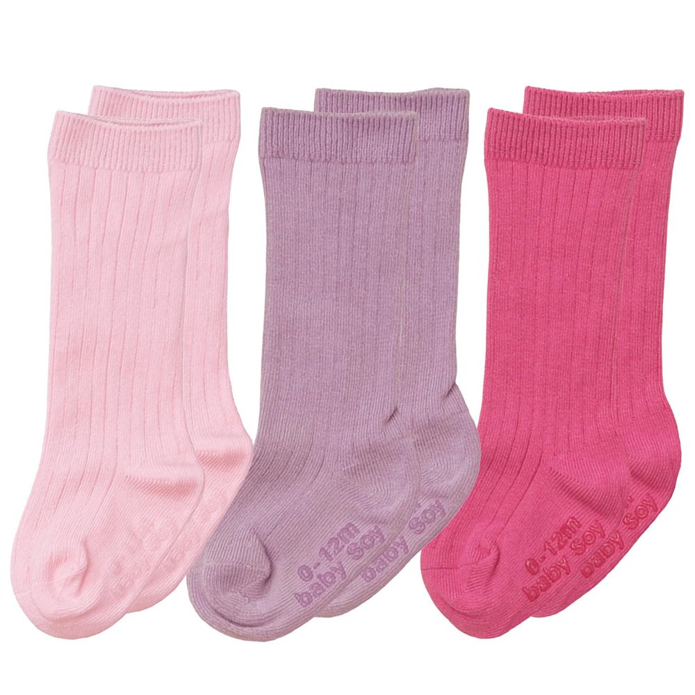 Babysoy Baby Girls Boys Knee High Organic Cotton Uniform Socks with Grip- Set of 3 (US, Age, 0 Months, 12 Months, Girl)