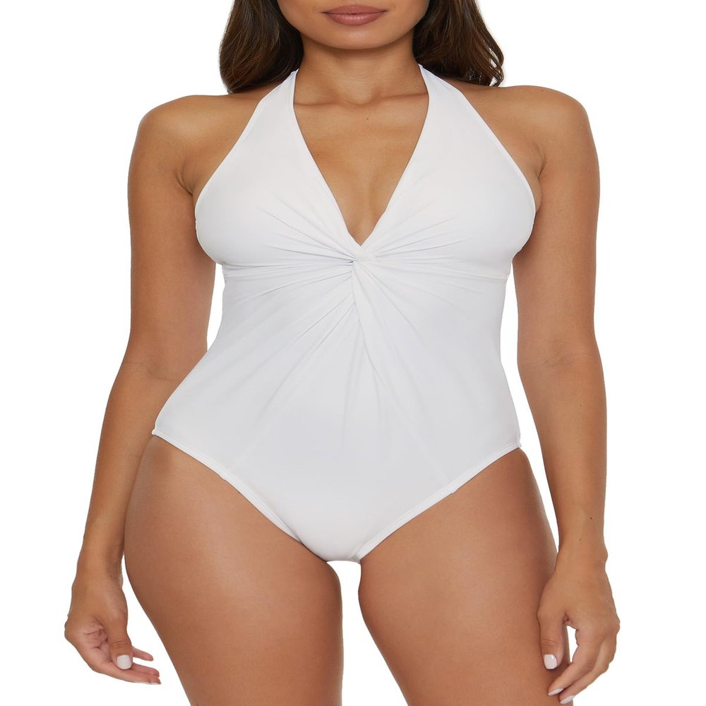 BCA By Rebecca Virtue Twist Front - Women's One Piece Swimsuit, Plunge V-Neck, Bathing Suits for Women, White, Medium