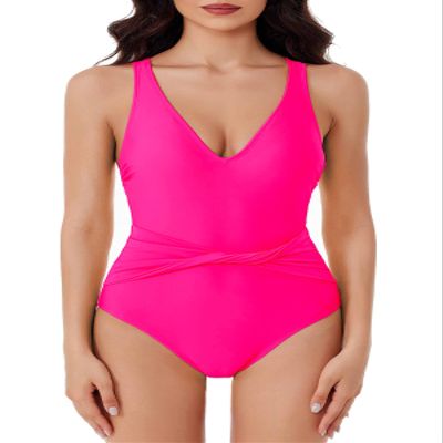 BCA By Rebecca Virtue Women's Standard Tori One Piece Swimsuit, Plunge Neck, Twist-Front Waist, Bathing Suits, Rose