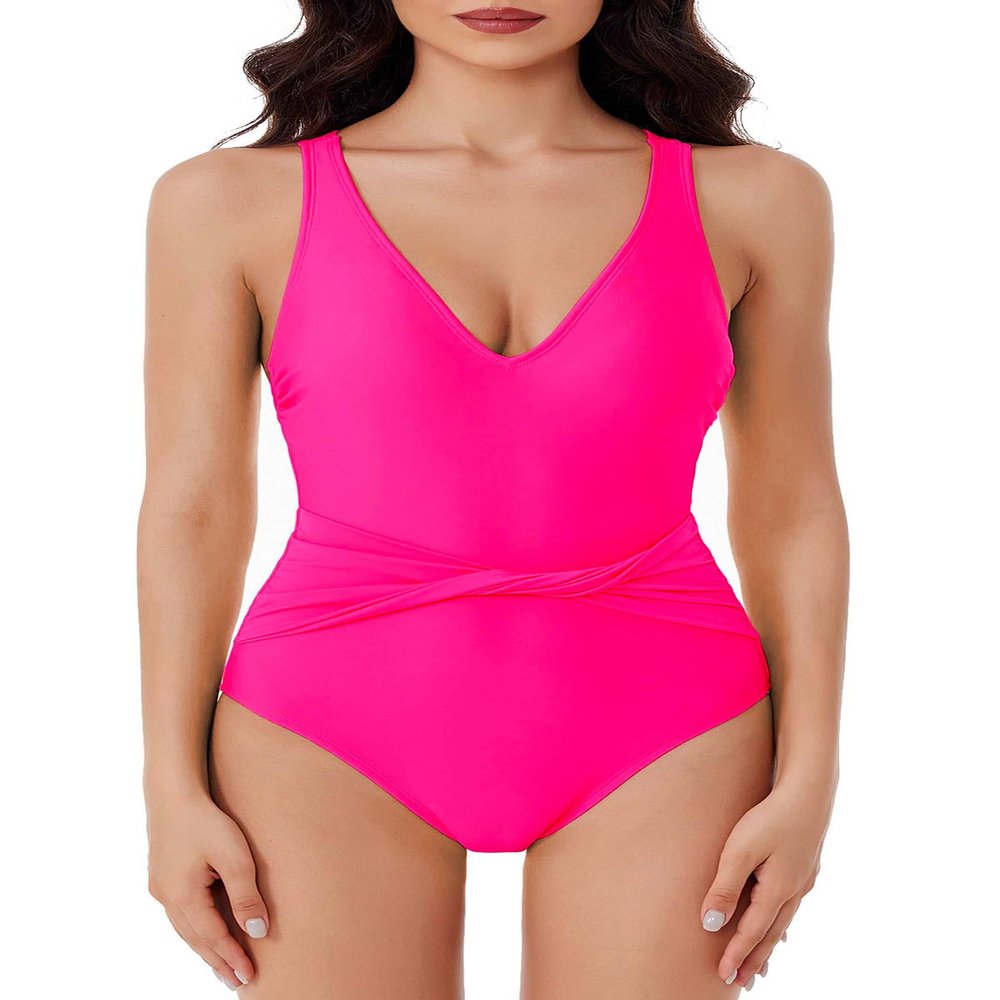 BCA By Rebecca Virtue Women's Standard Tori One Piece Swimsuit, Plunge Neck, Twist-Front Waist, Bathing Suits, Rose