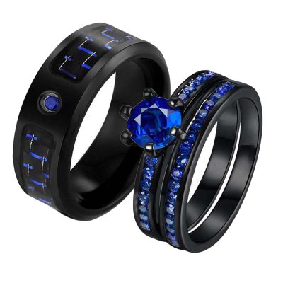 Two Rings His Hers Wedding Ring Sets Couples Matching Rings Women's 2pc Black Gold Filled Blue AAA CZ Wedding Engagement Ring Bridal Sets Men's Titanium Wedding Band