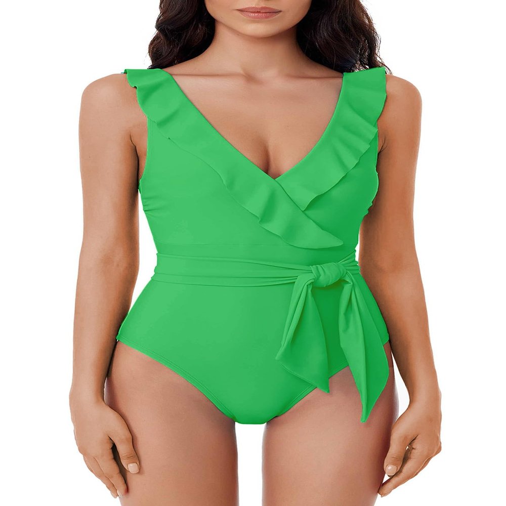 BCA By Rebecca Virtue Kelly - Women's Ruffle One Piece Swimsuit, Plunge V-Neck, Bathing Suits for Women, Emerald, Small