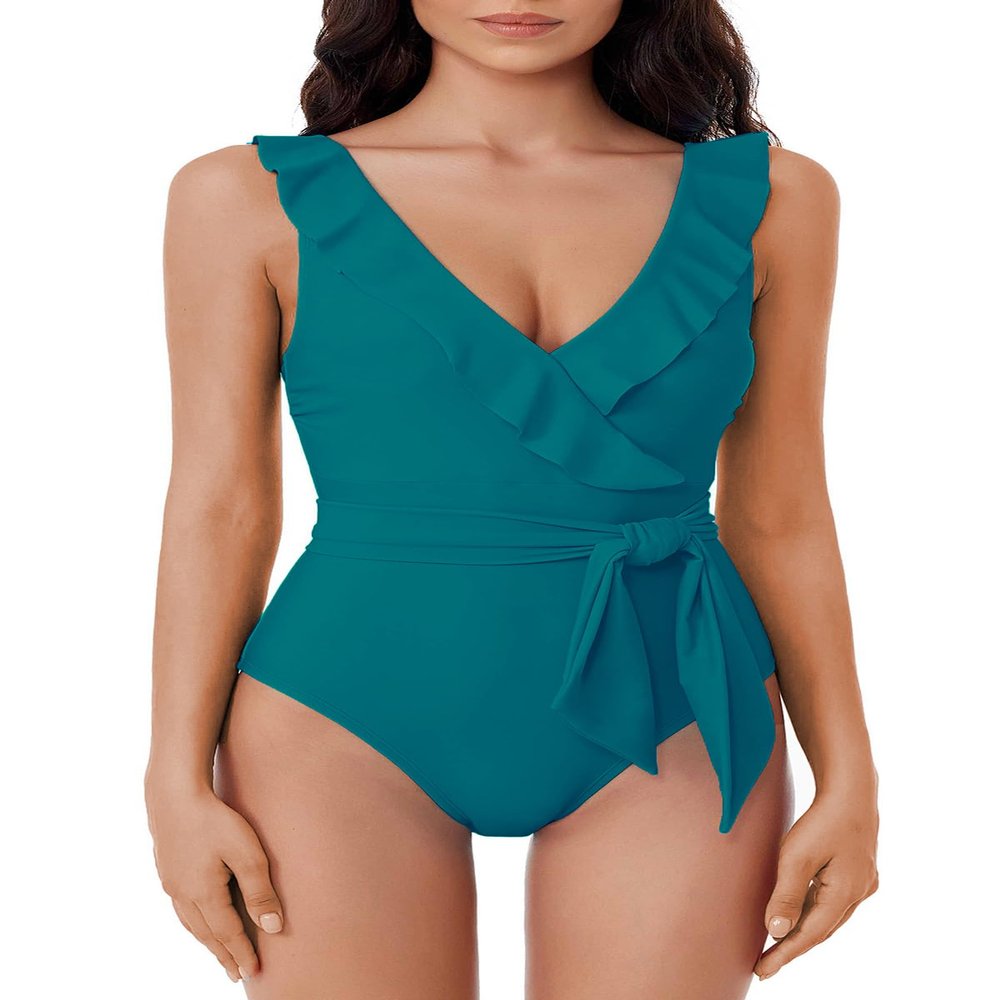 BCA By Rebecca Virtue Kelly - Women's Ruffle One Piece Swimsuit, Plunge V-Neck, Bathing Suits for Women, Teal, Small