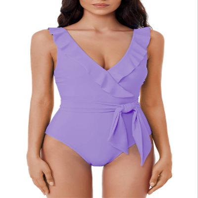 BCA By Rebecca Virtue Kelly - Women's Ruffle One Piece Swimsuit, Plunge V-Neck, Bathing Suits for Women, Lilac, Medium