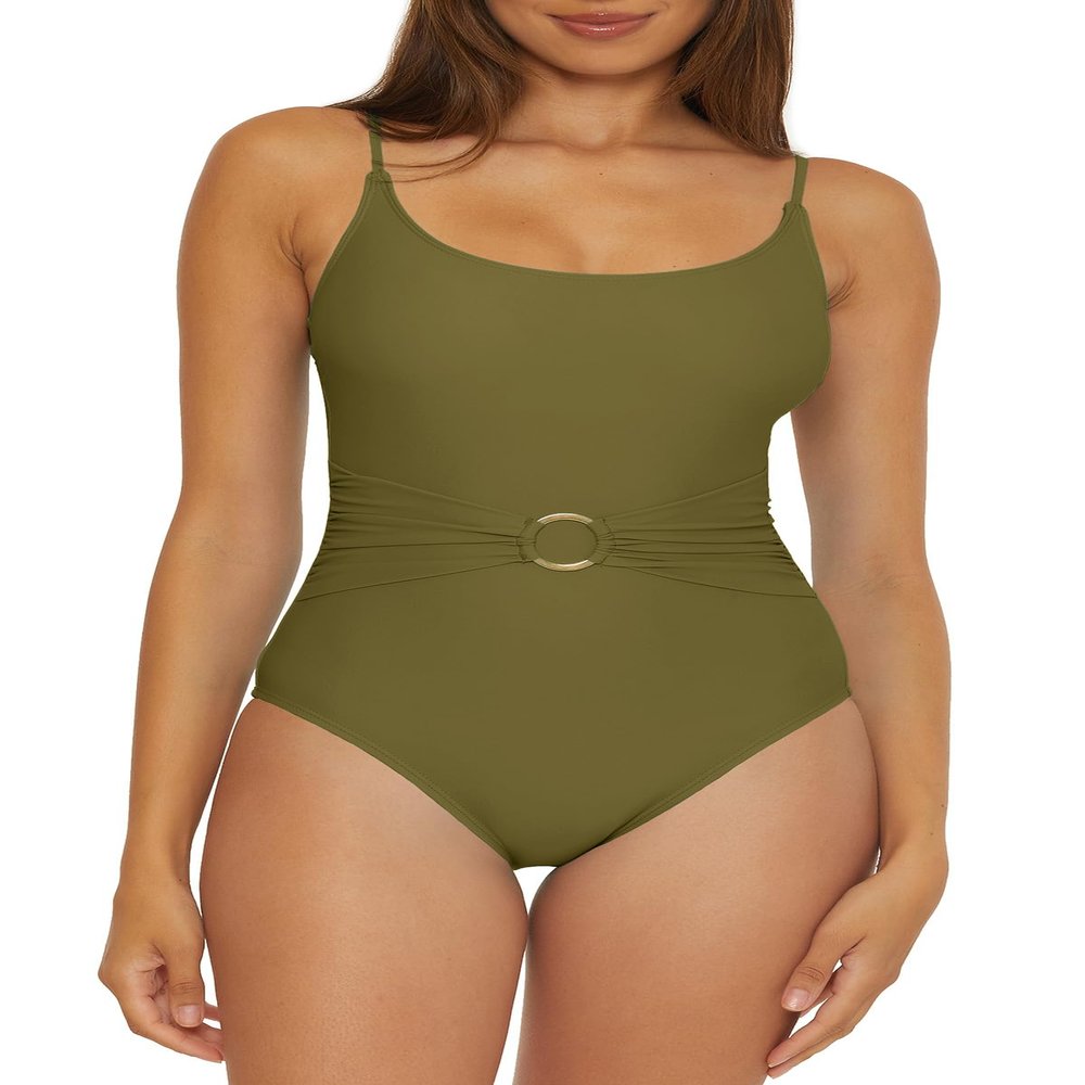 BCA By Rebecca Virtue Buckle - Women's One Piece Swimsuit, Scoop Neck, Bathing Suits for Women, Olive, Medium