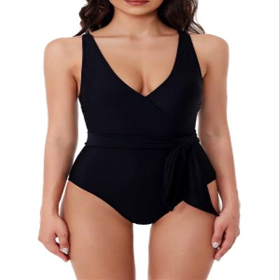 BCA By Rebecca Virtue Megan - Women's One Piece Swimsuit, V-Neck, Wraparound Waist Tie, Bathing Suits for Women, Black, Medium