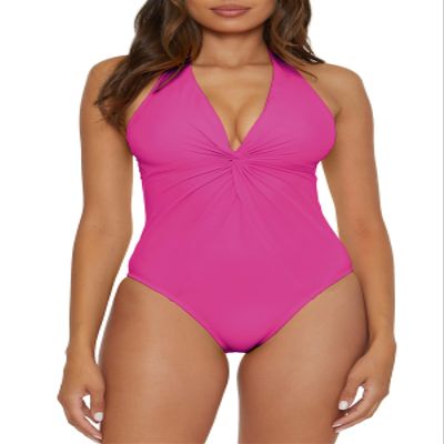 BCA By Rebecca Virtue Twist Front - Women's One Piece Swimsuit, Plunge V-Neck, Bathing Suits for Women, Magenta, Large