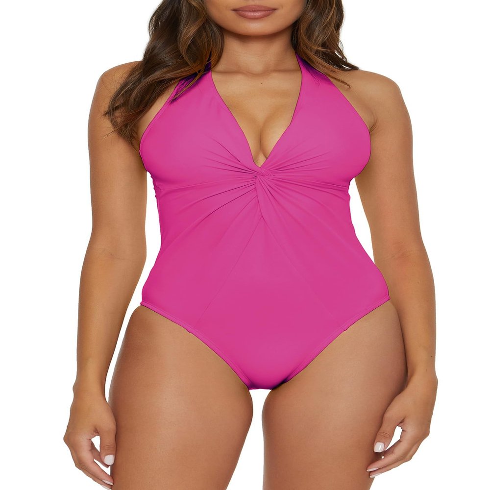BCA By Rebecca Virtue Twist Front - Women's One Piece Swimsuit, Plunge V-Neck, Bathing Suits for Women, Magenta, Large
