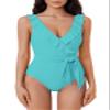 BCA By Rebecca Virtue Women's Standard Kelly Ruffle One Piece Swimsuit, Plunge V-Neck, Bathing Suits, Sky view 1