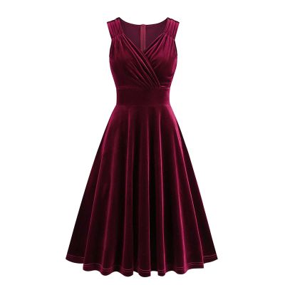 NATHGAM Women's Velour Dresses Sexy V-Neck Sleeveless Party Dresses A-Line Dress Elastic Waist Flowy Hem Formal Prom Gowns Red