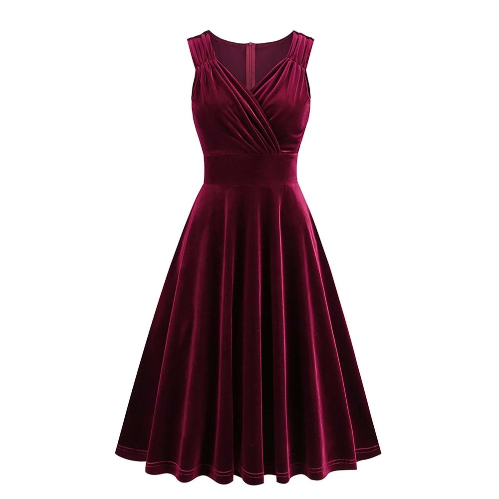 NATHGAM Women's Velour Dresses Sexy V-Neck Sleeveless Party Dresses A-Line Dress Elastic Waist Flowy Hem Formal Prom Gowns Red