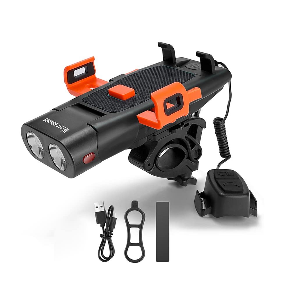 Bicycle headlamp,YIWENG 5in1 LED Bike Front Bracket Lamp Horn Mobilephone Holder Warning Bell Powerbanks MTB Bike Flashlight USB Rechargeable Cycling Accessories with 5 Alarm Sound Effects, Black