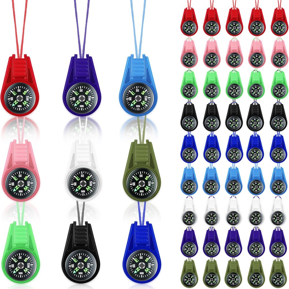 50 Pack Compass for Kids Hiking and Survival Small Mini Pocket Compasses Keychain Lanyard Boy Scout Party Favor Toy Set, Bulk