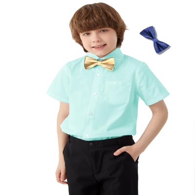 Aimehonpe Boys Short Sleeve Dress Shirts Solid Poplin Soft Stretch Fabrics with Two Bow Tie Set, Aqua, X-Large