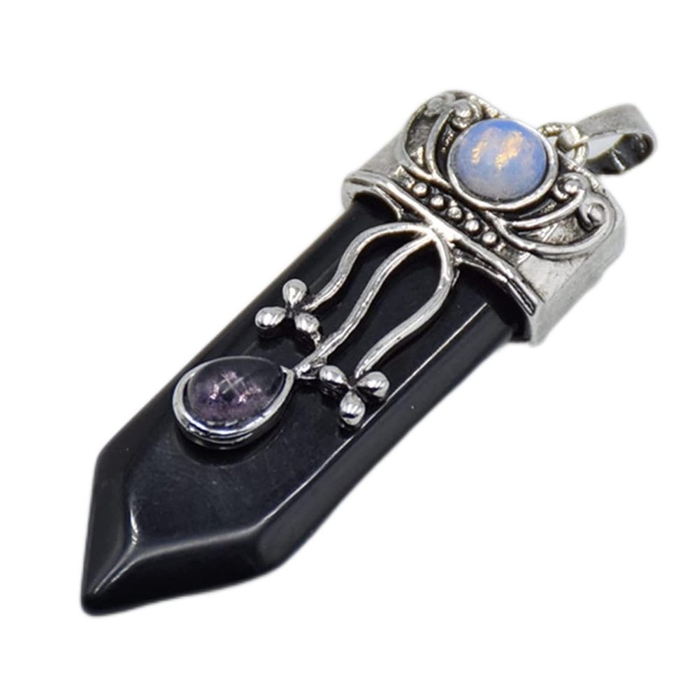 Make jewelry yourself natural amethyst pink quartz stone sword necklace trailer labradorite Lapis lazuli black onyx arrow pearl round opal jewelry geman pendant (Size : Black Agates)