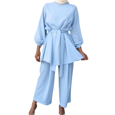 2 Piece Abaya Dress for Women Dubai Islamic Prayer Clothes Modest Two Piece Outfits for Muslim Women Loose Top Wide Leg Pants Set Saudi Arabia Ramadan Outfit Middle Eastern Muslim Dress Light Blue XXL