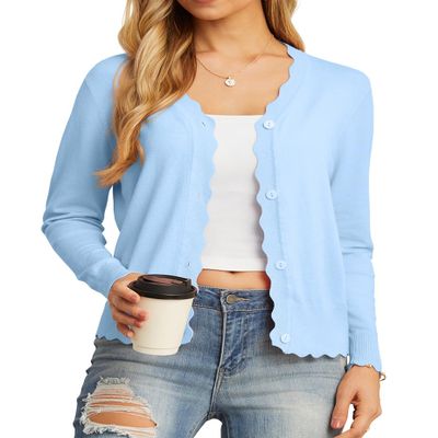 GRECERELLE Women's Long Sleeve Button Down Cardigans V-Neck Fall Shrug Sweater(Light Blue, X-Large)