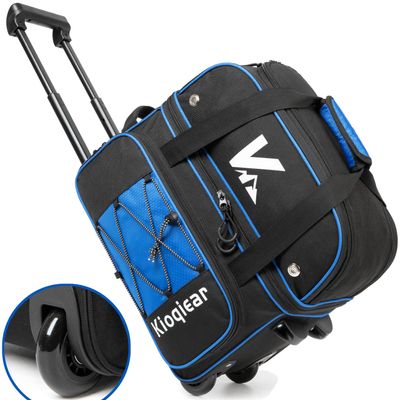 Kioqiear Double Roller 2 Ball Bowling Bag with Large Separate Shoe Compartment and Oversized Accessory Pocket, 36" Extendable Handle. (BLUE)