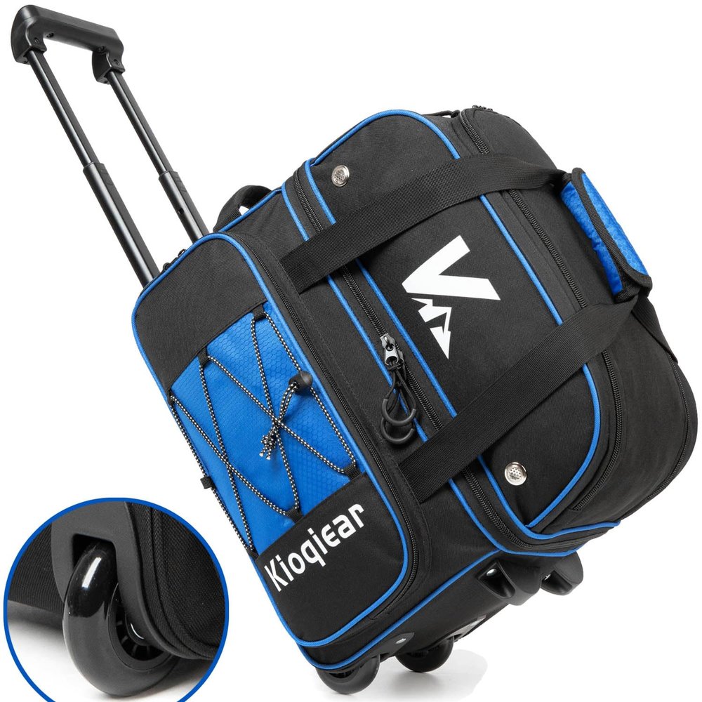 Kioqiear Double Roller 2 Ball Bowling Bag with Large Separate Shoe Compartment and Oversized Accessory Pocket, 36" Extendable Handle. (BLUE)