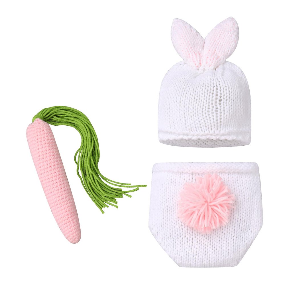 IBTOM CASTLE Newborn Photography Props Baby Boy Easter Bunny Crochet Knitted Rabbit Beanie Hat Set Diaper Accessory (White)